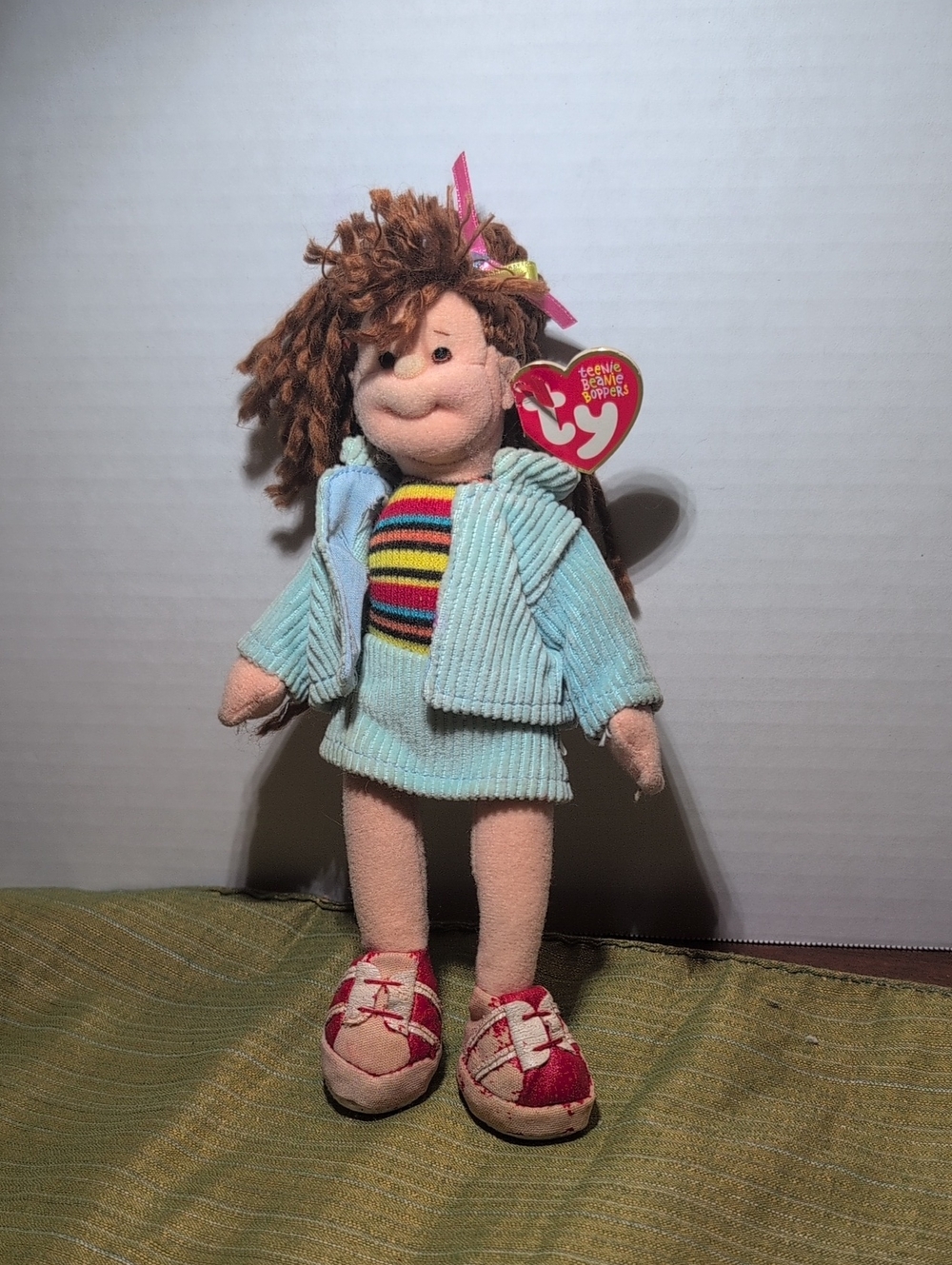Vintage Ty Plush Doll in Light Blue Corduroy Outfit with Multicolor Striped Top
